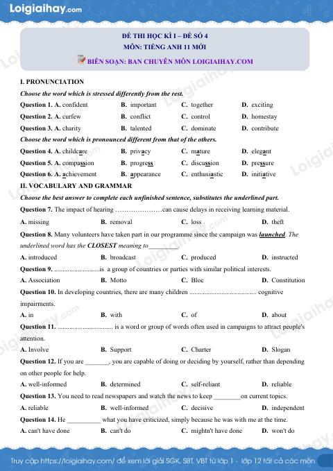 Đề số 4 - Đề kiểm tra học kì 1 - Tiếng Anh 11 mới